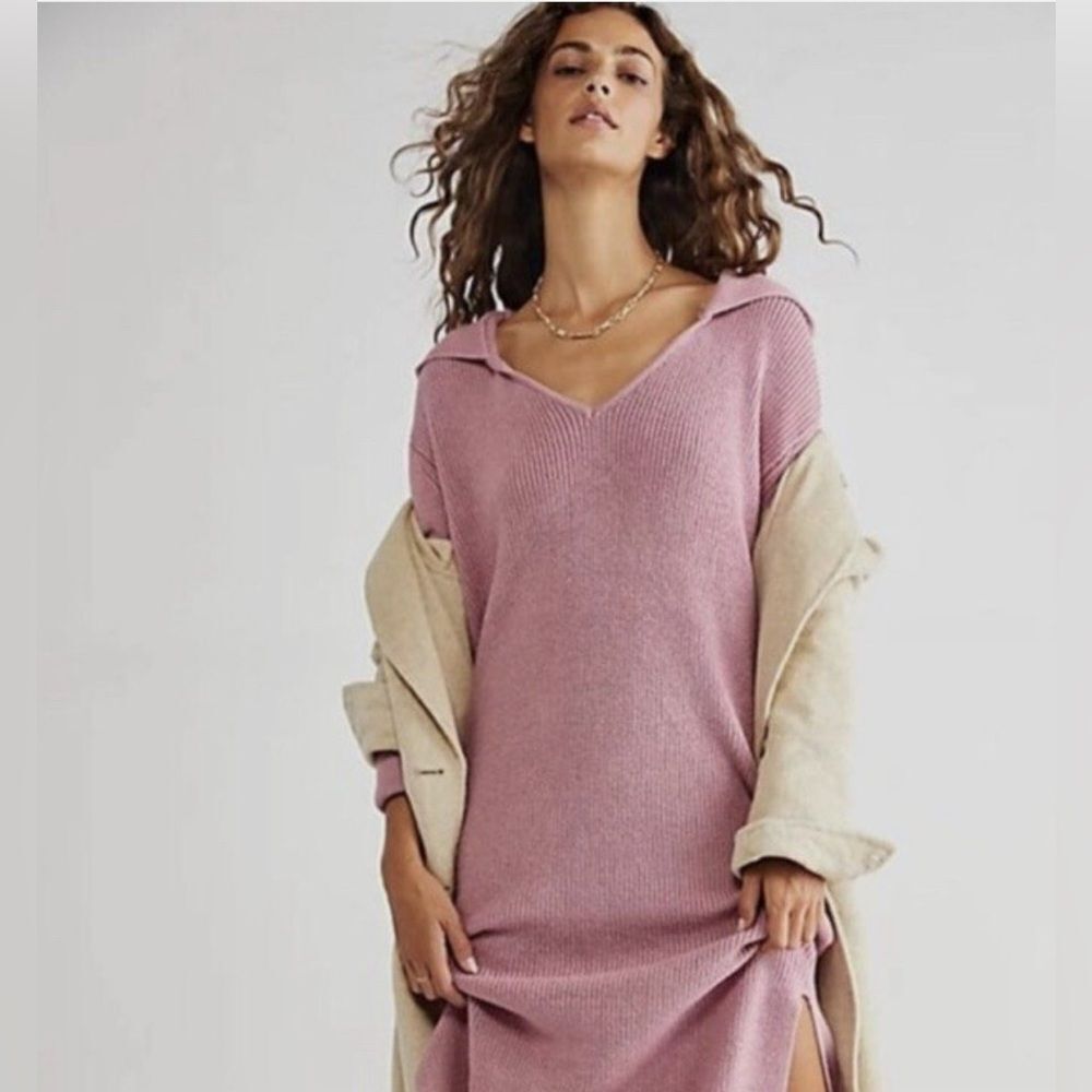 Free People Beach Claudia Sweater Knit Midi Dress with Hood Pink S